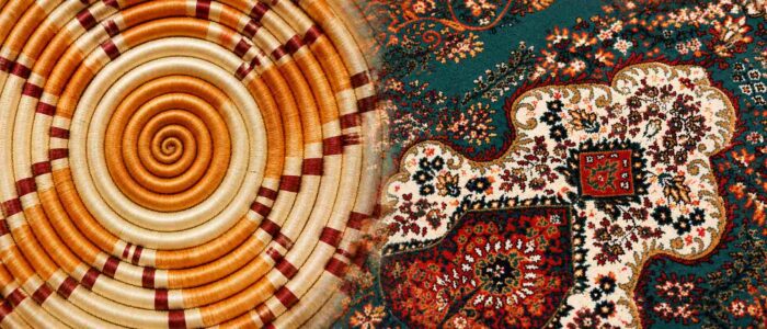 Close-up of traditional African woven basket pattern and Middle Eastern carpet design symbolising cultural diversity across Africa and the Middle East regions.