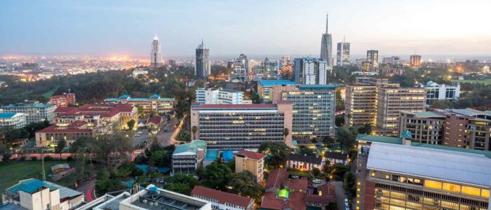 Nairobi, Kenya skyline with modern skyscrapers and city buildings, representing business, relocation and expatriate life in Africa.
